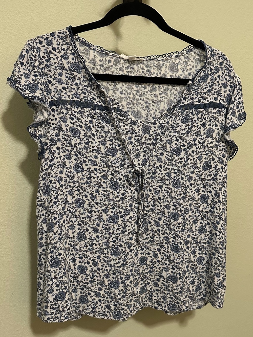 Mine Navy Floral Cottage Core Tie-Front Short Sleeve Blouse